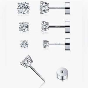 3 Pairs Moissanite Flatback Stud Earrings for Women, 925 Sterling Silver
